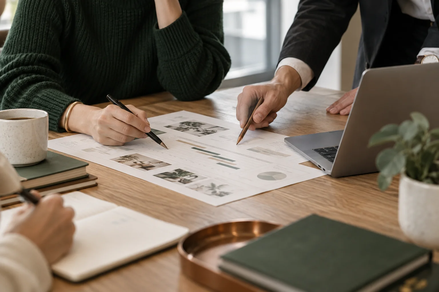 Hands reviewing a project plan at a meeting table