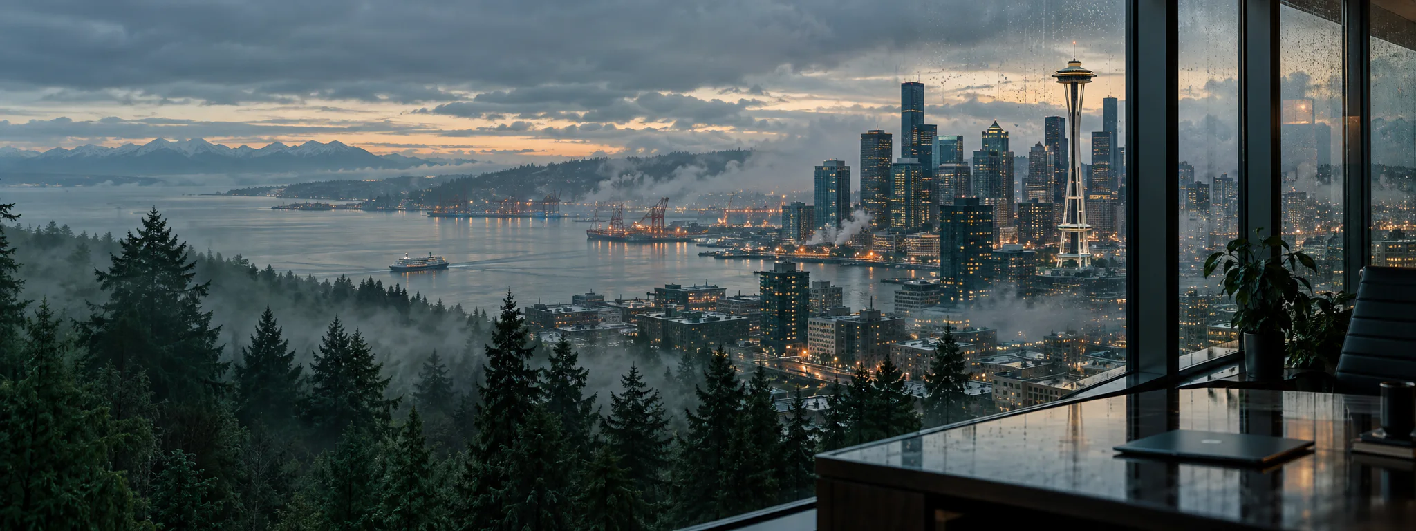 Elevated view of the Seattle skyline at blue hour